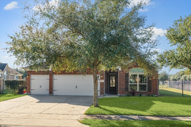 obstructed view of property featuring a front yard and a garage