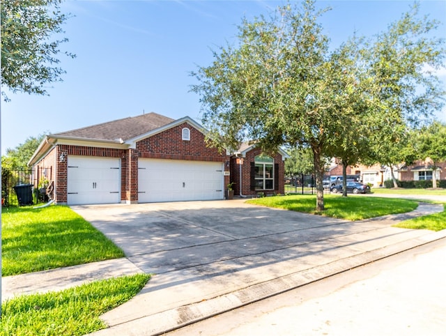 view of front of home with a front lawn and a garage