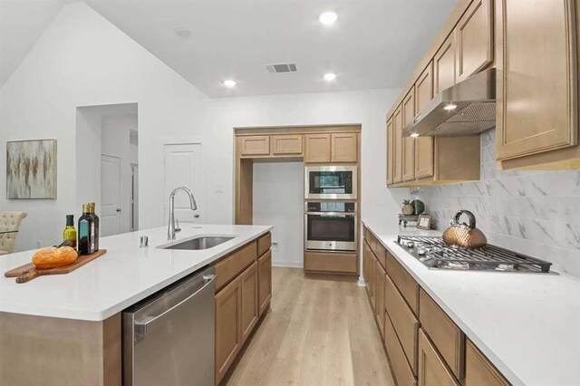 kitchen with stainless steel appliances, an island with sink, light wood-type flooring, decorative backsplash, and sink