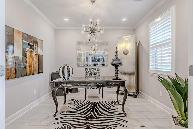 tiled home office with an inviting chandelier and crown molding