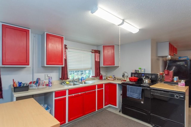 kitchen featuring black appliances, light colored carpet, and sink