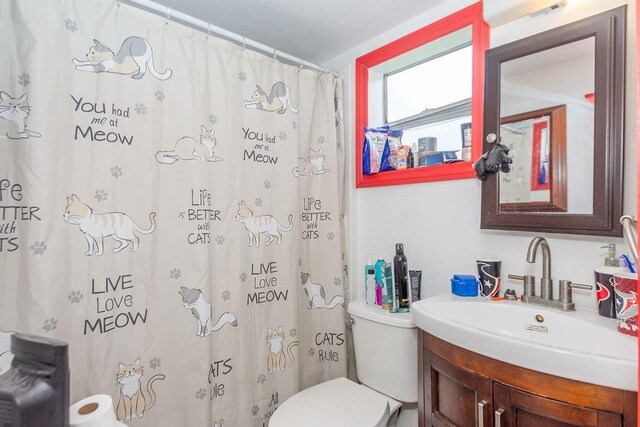 bathroom with toilet, vanity, and a shower with curtain