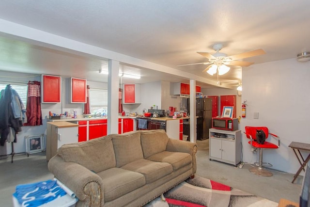 living room with ceiling fan