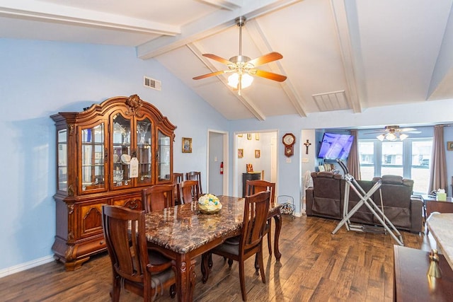 dining room featuring ceiling fan, dark wood-type flooring, and vaulted ceiling with beams