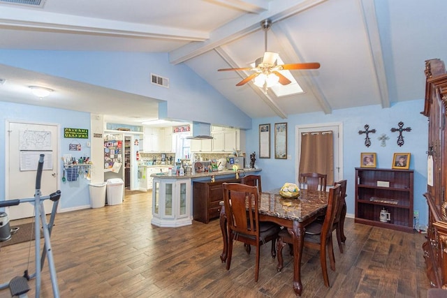 dining room with ceiling fan, dark hardwood / wood-style flooring, and lofted ceiling with beams