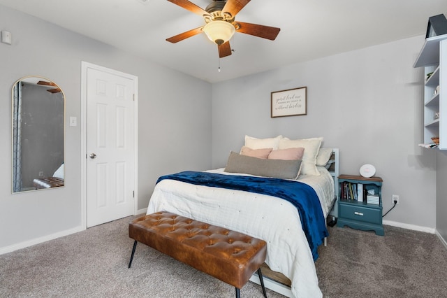 bedroom with ceiling fan and carpet