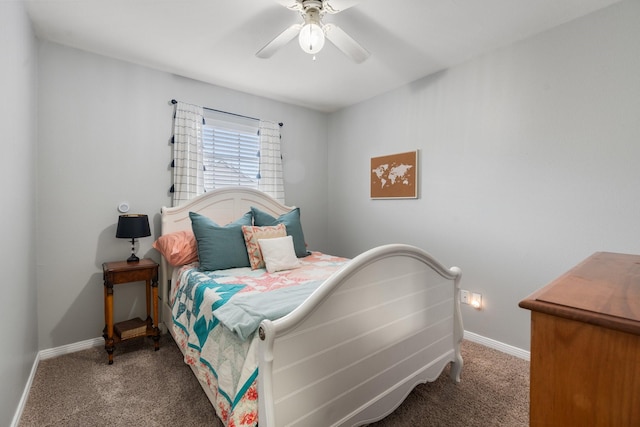 bedroom with dark carpet and ceiling fan