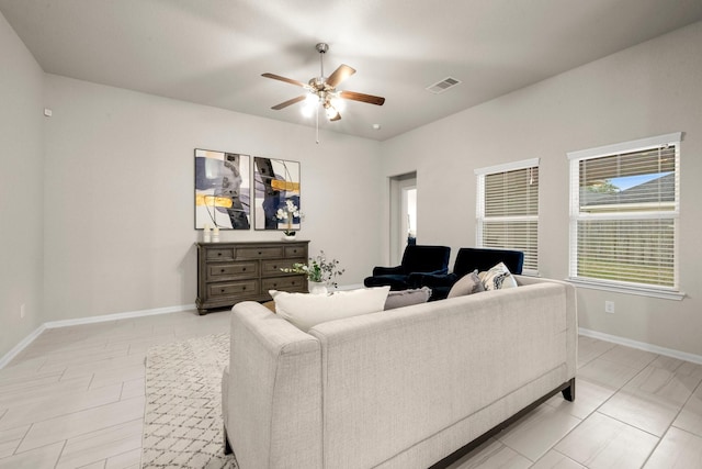 living room featuring ceiling fan