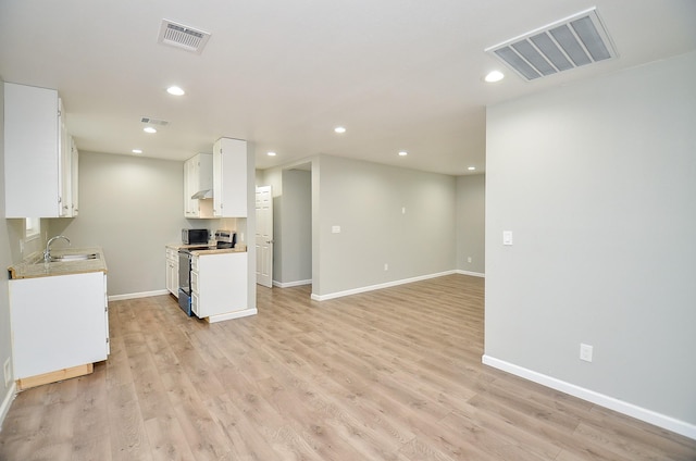 kitchen featuring white cabinets, light wood-type flooring, electric stove, and sink