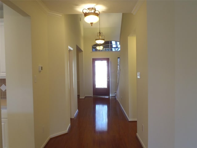 entryway with ornamental molding and dark hardwood / wood-style flooring