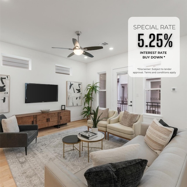 living room featuring visible vents, recessed lighting, ceiling fan, and wood finished floors