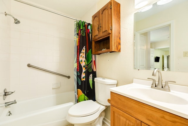 bathroom featuring vanity, toilet, and shower / bathtub combination with curtain