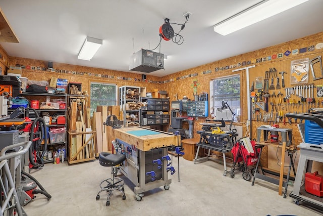 garage featuring a workshop area