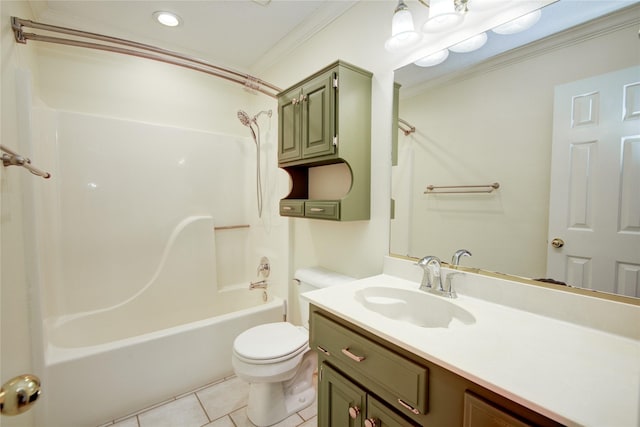 full bathroom with shower / washtub combination, toilet, crown molding, vanity, and tile patterned floors