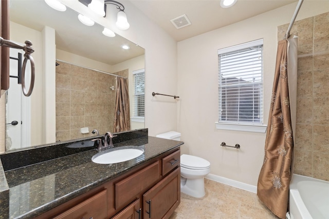 full bathroom with toilet, shower / tub combo, and vanity