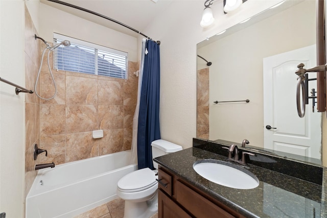 full bathroom featuring toilet, tile patterned floors, shower / bath combination with curtain, and vanity