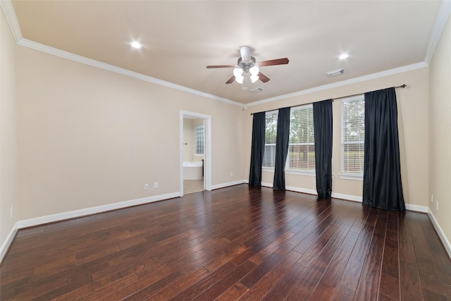 unfurnished room with dark hardwood / wood-style flooring, ceiling fan, and crown molding