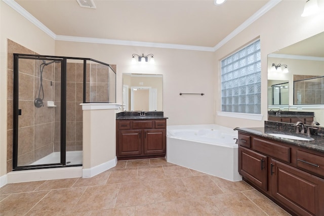 bathroom with independent shower and bath, ornamental molding, and vanity