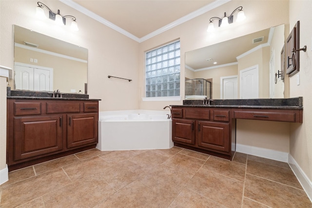 bathroom featuring plus walk in shower, crown molding, and vanity