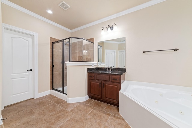 bathroom with ornamental molding, plus walk in shower, and vanity