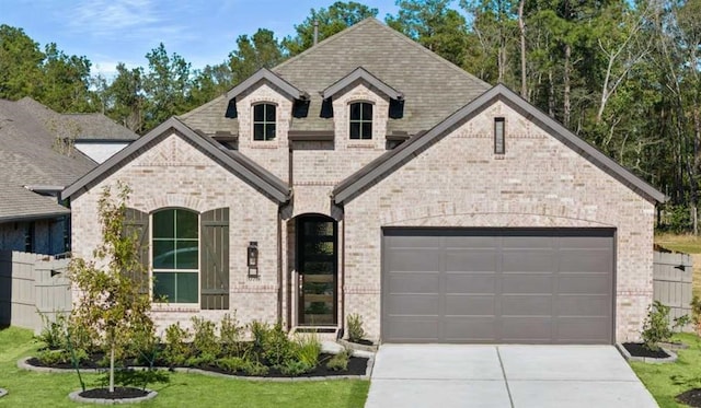 french country style house with a garage and a front yard