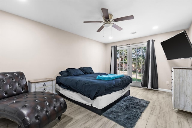 bedroom featuring access to outside, french doors, and ceiling fan