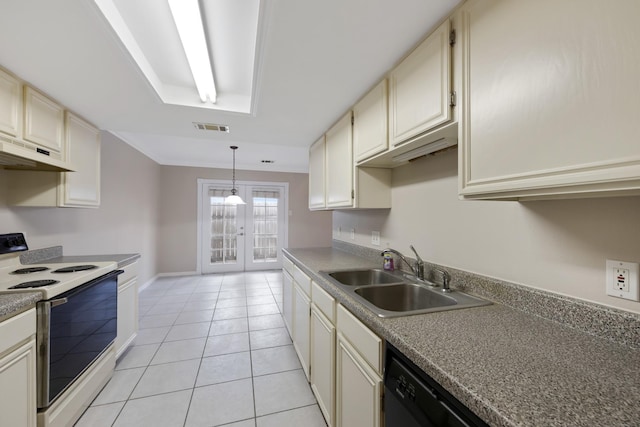 kitchen with pendant lighting, white electric stove, french doors, sink, and light tile patterned floors