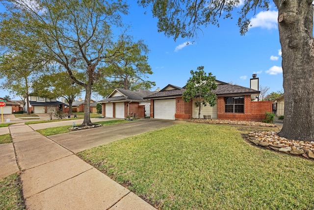 single story home featuring a front yard and a garage