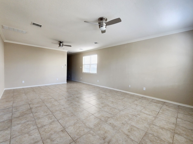 tiled empty room with ceiling fan and crown molding