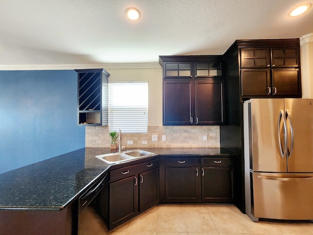 kitchen with black dishwasher, backsplash, stainless steel refrigerator, ornamental molding, and sink