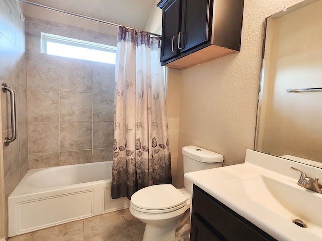 full bathroom featuring toilet, tile patterned floors, shower / bath combo, and vanity