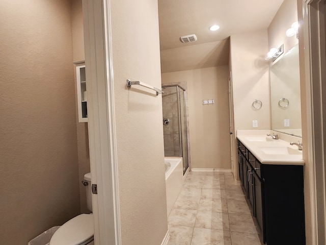 full bathroom with toilet, vanity, and shower with separate bathtub