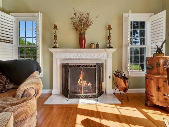 living area with a premium fireplace and hardwood / wood-style floors