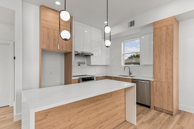 kitchen featuring dishwasher, pendant lighting, decorative backsplash, white cabinetry, and sink