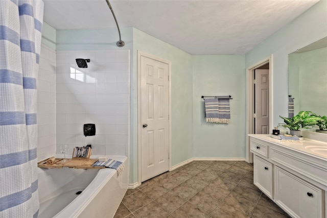 bathroom with shower / bath combination with curtain and vanity