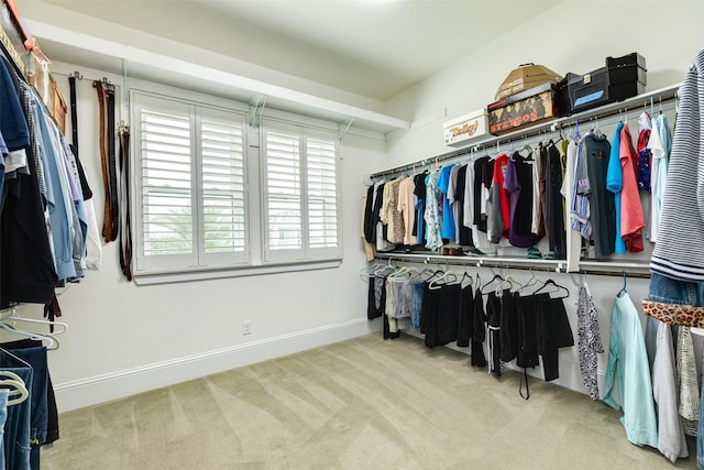 walk in closet featuring light carpet