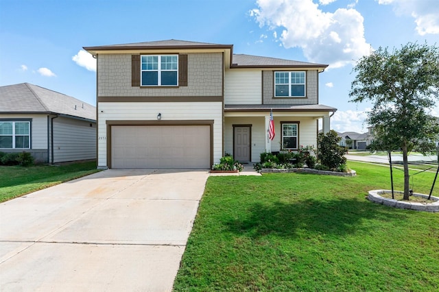 view of front of property with a garage, a front yard, concrete driveway, and a porch