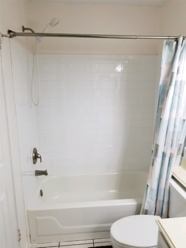 full bathroom with vanity, toilet, shower / bath combination with curtain, and tile patterned flooring