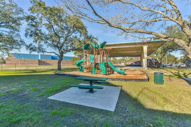 view of play area featuring a lawn