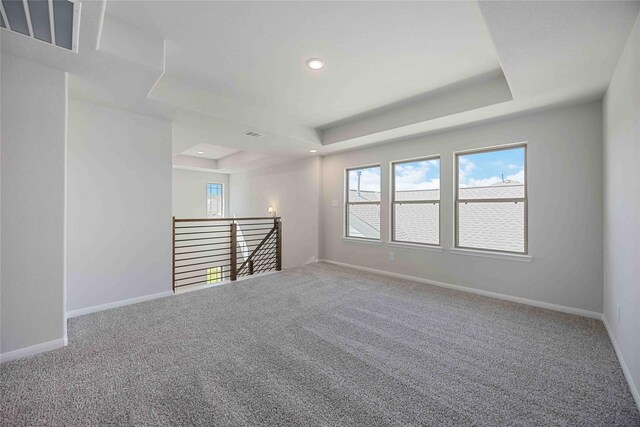 spare room featuring a tray ceiling and carpet