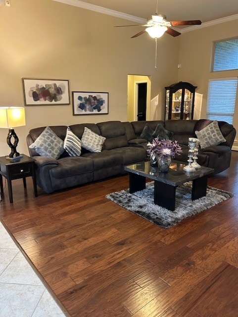 living room featuring ceiling fan, hardwood / wood-style flooring, and ornamental molding