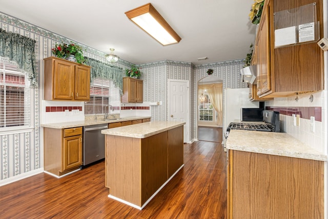 kitchen featuring ventilation hood, dark hardwood / wood-style floors, a kitchen island, sink, and stainless steel dishwasher