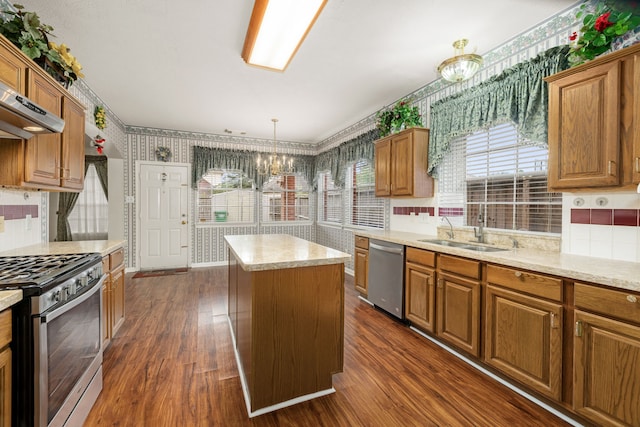 kitchen featuring sink, a center island, an inviting chandelier, dark hardwood / wood-style floors, and appliances with stainless steel finishes