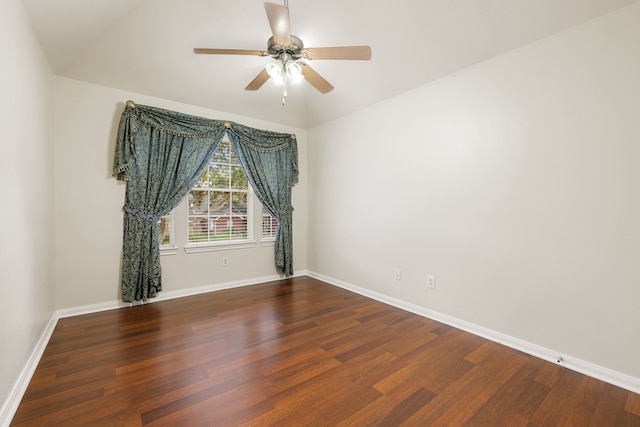 unfurnished room featuring ceiling fan, lofted ceiling, and hardwood / wood-style flooring