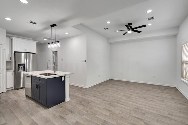 kitchen featuring pendant lighting, stainless steel appliances, an island with sink, white cabinets, and sink