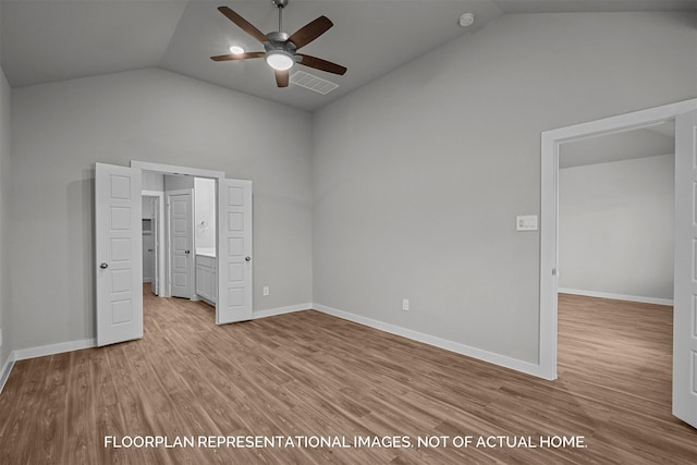 unfurnished bedroom featuring high vaulted ceiling, ceiling fan, and light hardwood / wood-style flooring