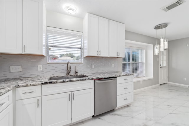 kitchen featuring sink, white cabinets, dishwasher, light stone countertops, and pendant lighting