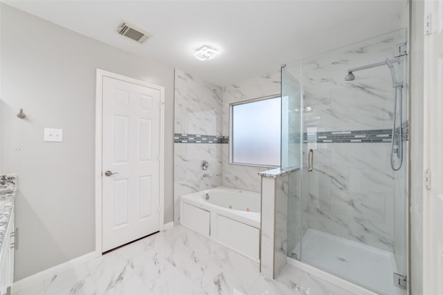 bathroom featuring shower with separate bathtub and vanity