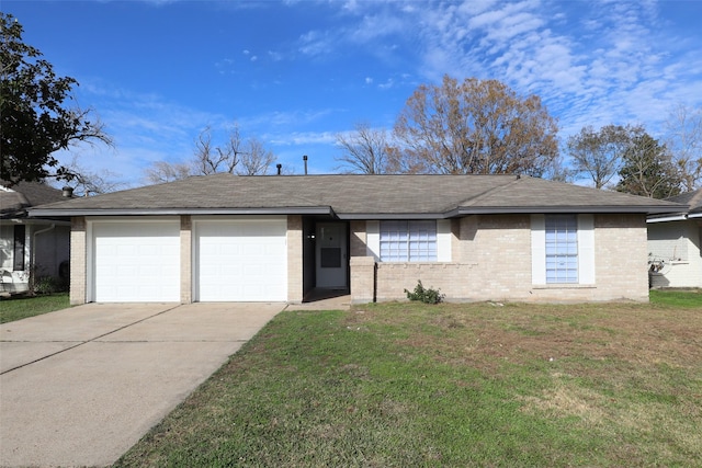 single story home featuring a front yard and a garage