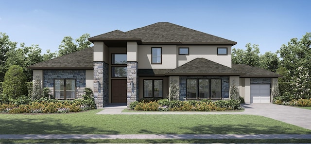 view of front of property with a front lawn and a garage